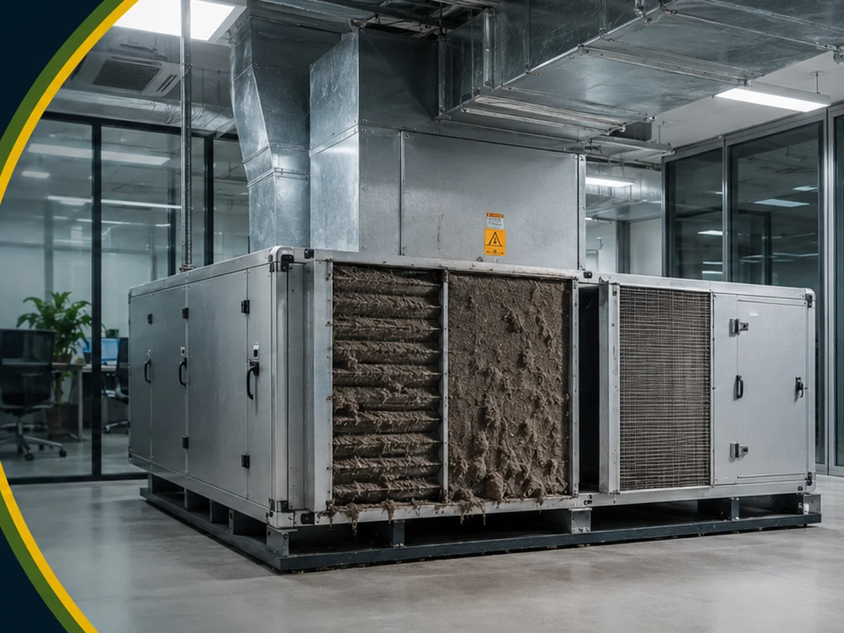 Sistema HVAC corporativo con acumulación de suciedad